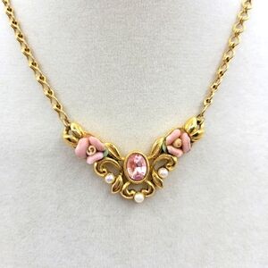 Victorian Style Gold and Pink Floral Necklace